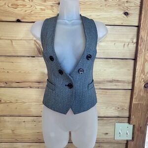 Express Gray Tweed Peplum Vest Double Breasted Leopard Lining Size 10
